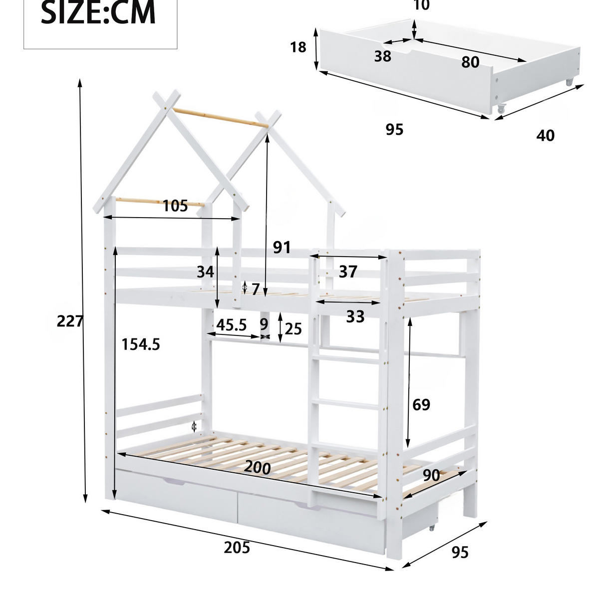ETAGENBETT 90/200 cm Weiß mit Schubladen und Regalen aus Kiefernholz - Weiß, Holzwerkstoff (90/200cm) - OKWISH