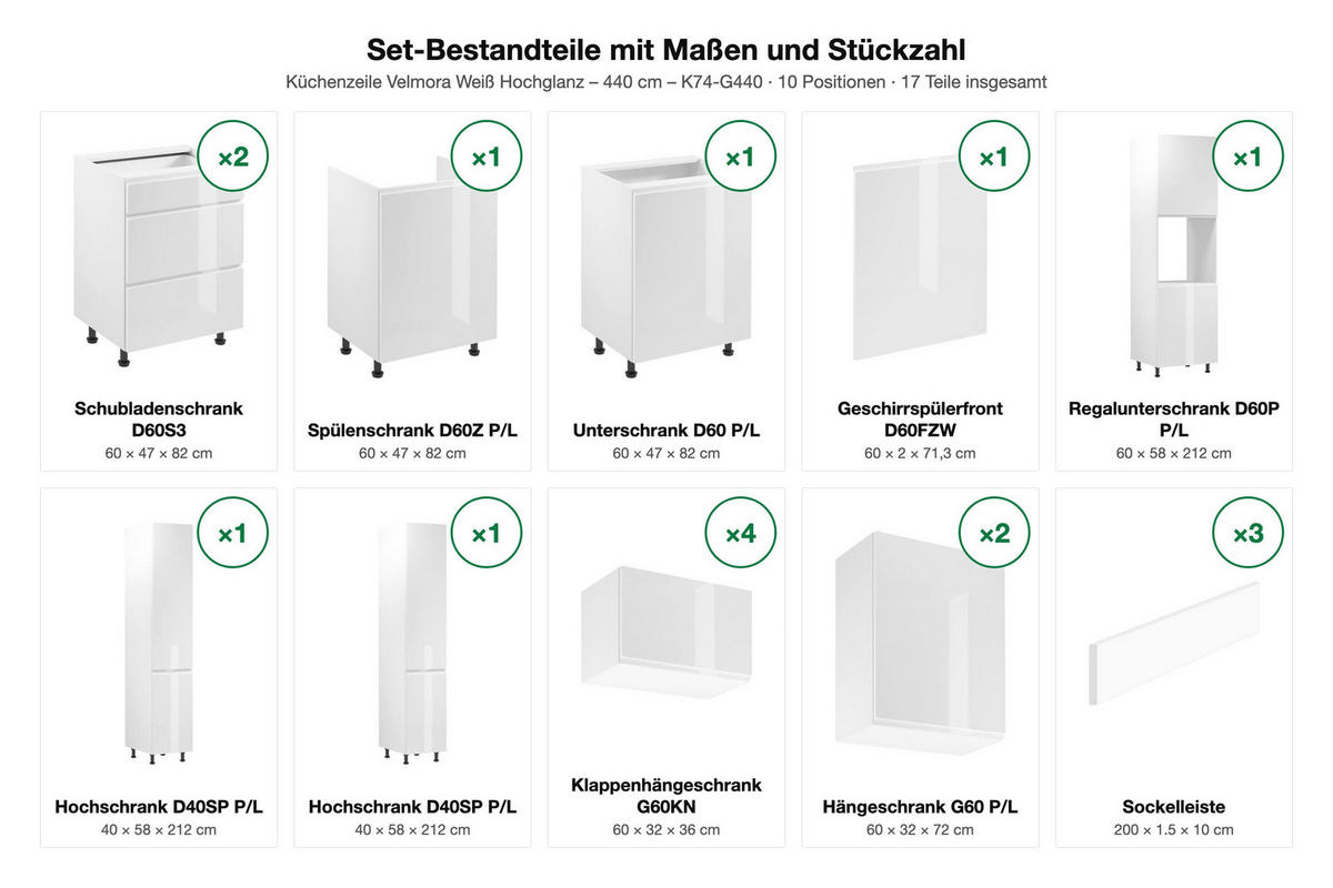 KÜCHENZEILE – 300 cm – K74-G440 – Velmora – Weiß – ohne E-Geräte - Weiß, Holz (440/212/58cm) - ROYAL24_MARKT
