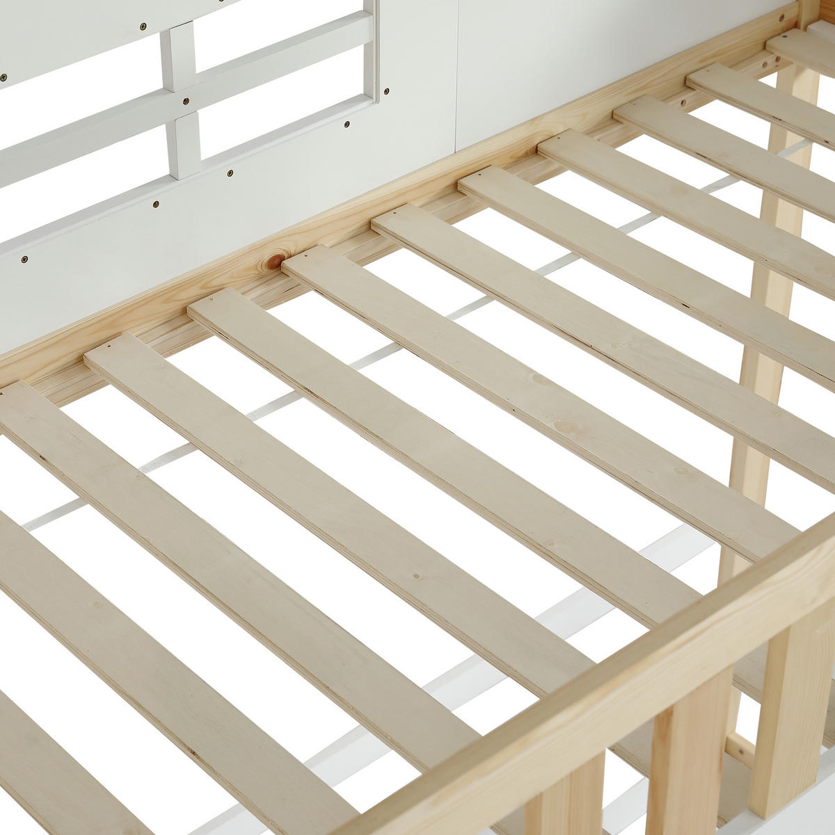 ETAGENBETT 90/200 cm DE-02199, in Weiß/Natur, mit Hausdesign, Treppe und Fenstern - Weiß, Holzwerkstoff (90/200cm) - ComfortXL