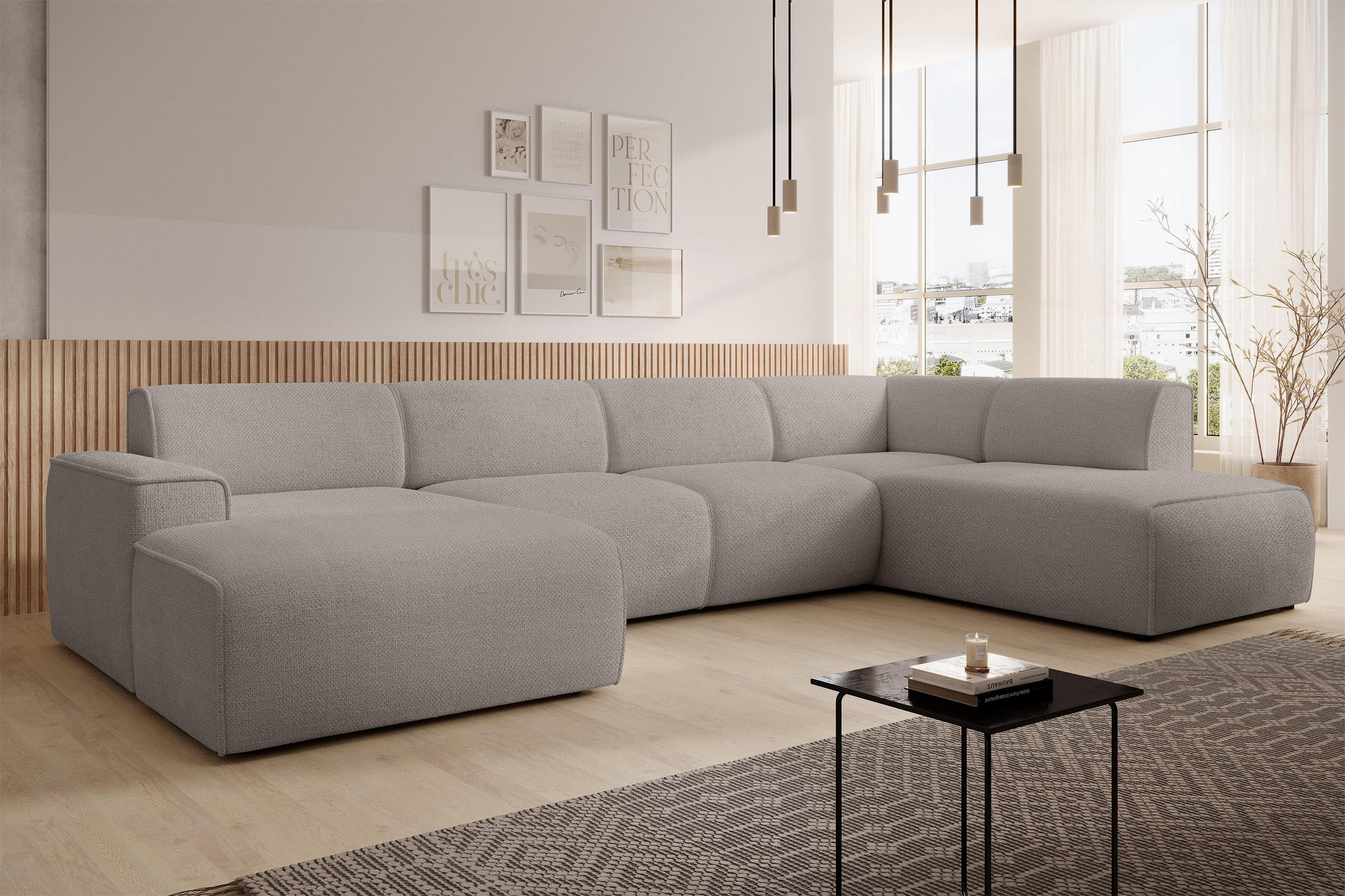 WOHNLANDSCHAFT Didim Beige 378/220/78 cm – großes Sofa stilvoll & bequem R - Beige/Schwarz, Kunststoff/Textil (378/78/220cm) - AX Living
