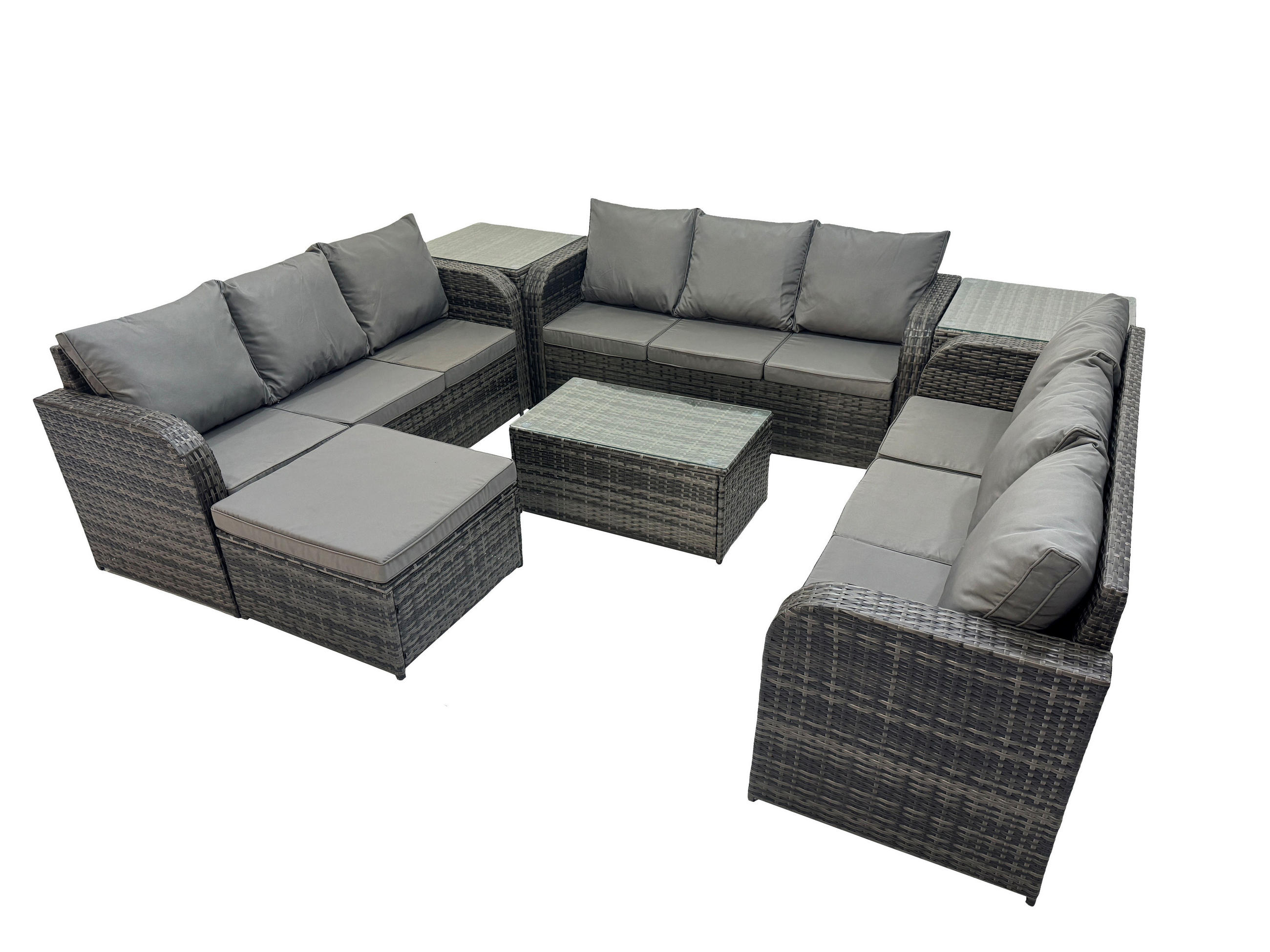 GARTENMÖBELGARNITUR mit KISSEN Polyrattan Dunkelgrau 10-Sitzer - Dunkelgrau/Grau, Glas/Kunststoff - Fimous