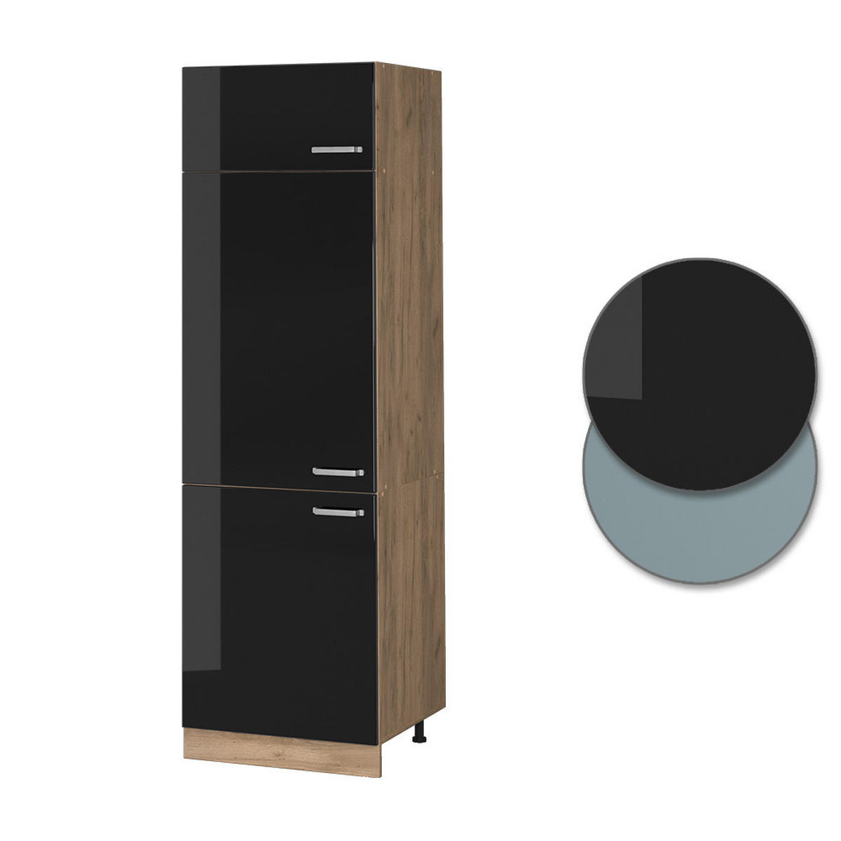 KÜHLUMBAUSCHRANK R-Line Schwarz Hochglanz 60 cm - Honigeiche/Schwarz Hochglanz, Holzwerkstoff (60/206.8/57.2cm) - Vicco