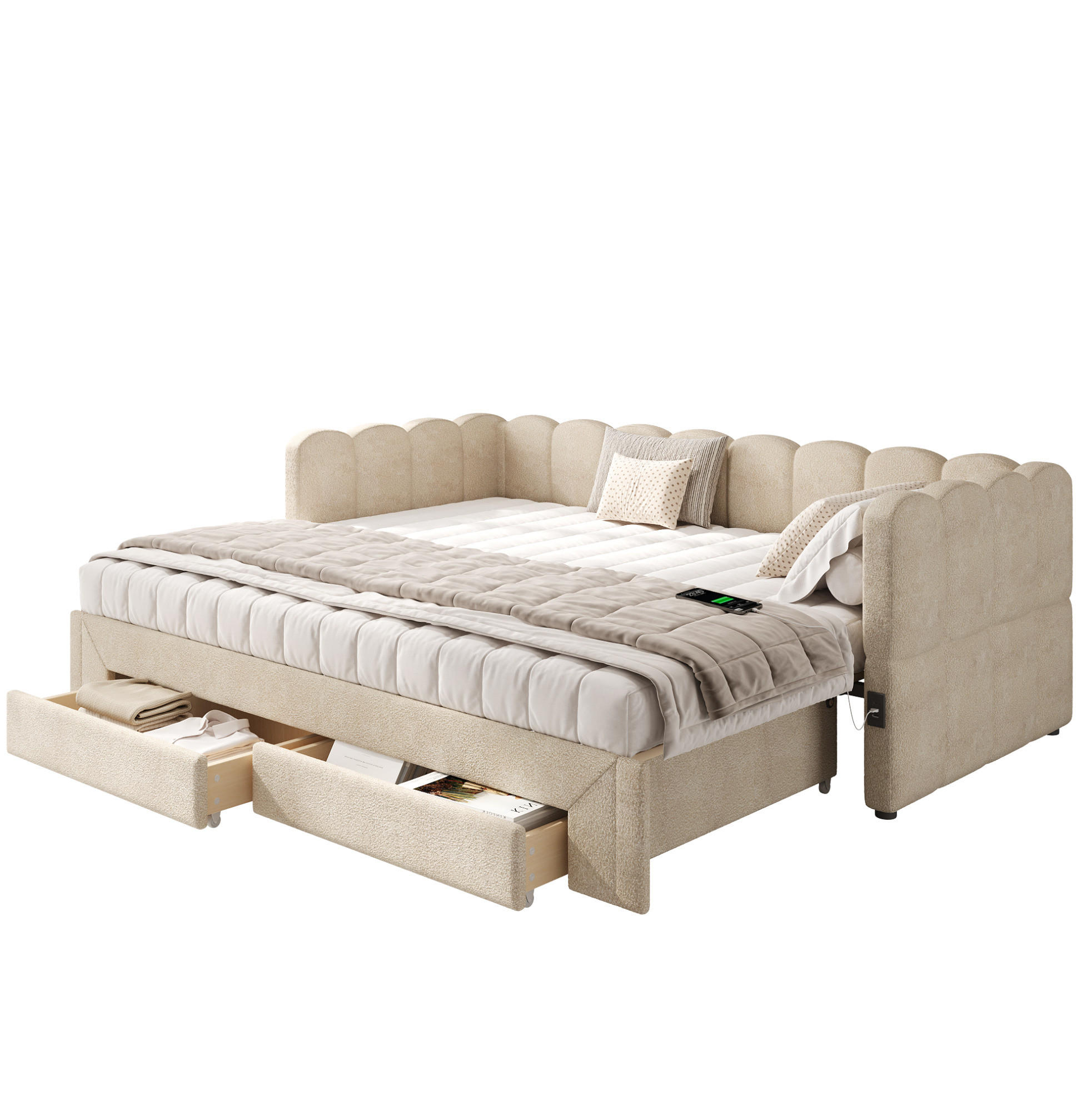 POLSTERBETT 90/180x200 cm Beige aus Chenille mit 2 Schubladen und USB - Beige, Textil (90/200cm) - Flora Grace