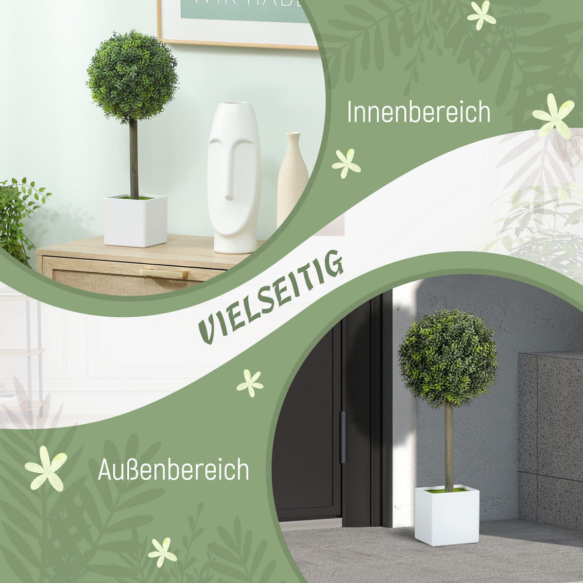 2ER Set Künstliche Buchsbaum-Formschnittkugeln 45cm Kunstpflanze, Plastik - Weiß/Grün, Kunststoff (45cm) - HOMCOM