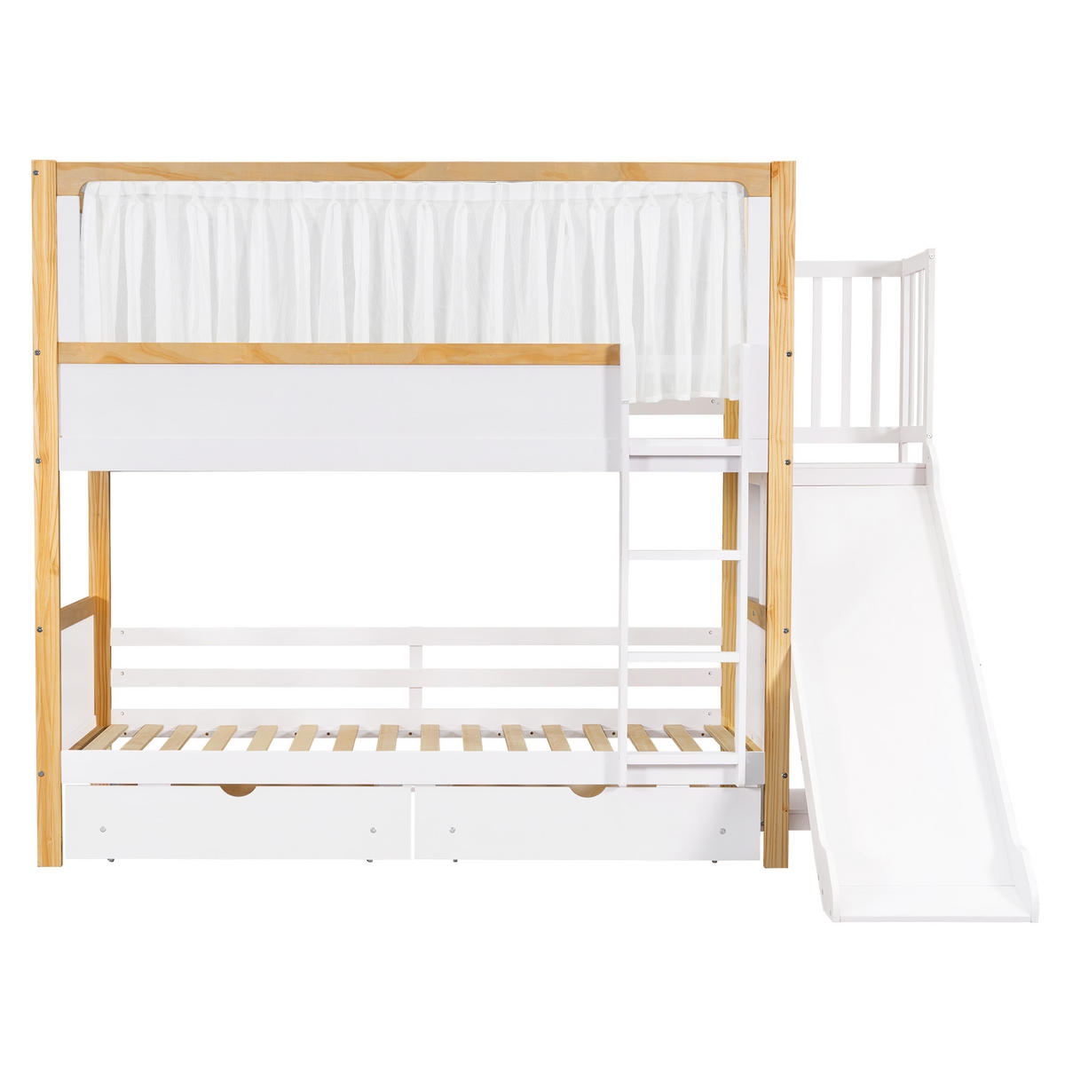 ETAGENBETT 90/200 cm Weiß+Natur mit Kinderrutsche und Stauraum - Weiß, Holzwerkstoff (90/200cm) - OKWISH