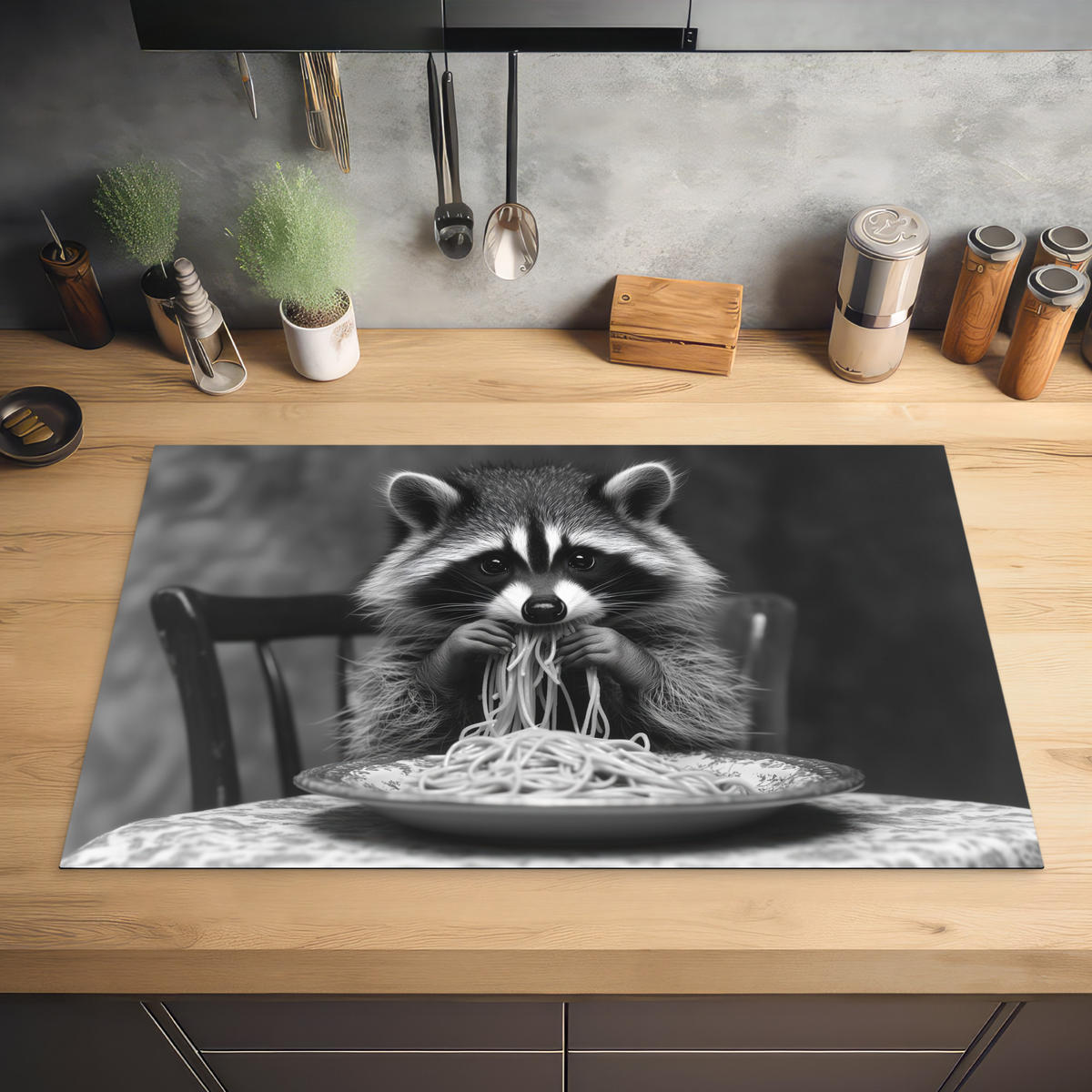 HERDABDECKPLATTE Waschbär - Niedlich - Pasta - Tischtuch - Schwarz - Weiß Induktionsmatte 83x51 cm - Grau, Kunststoff (83/51.5/0.2cm) - MuchoWow