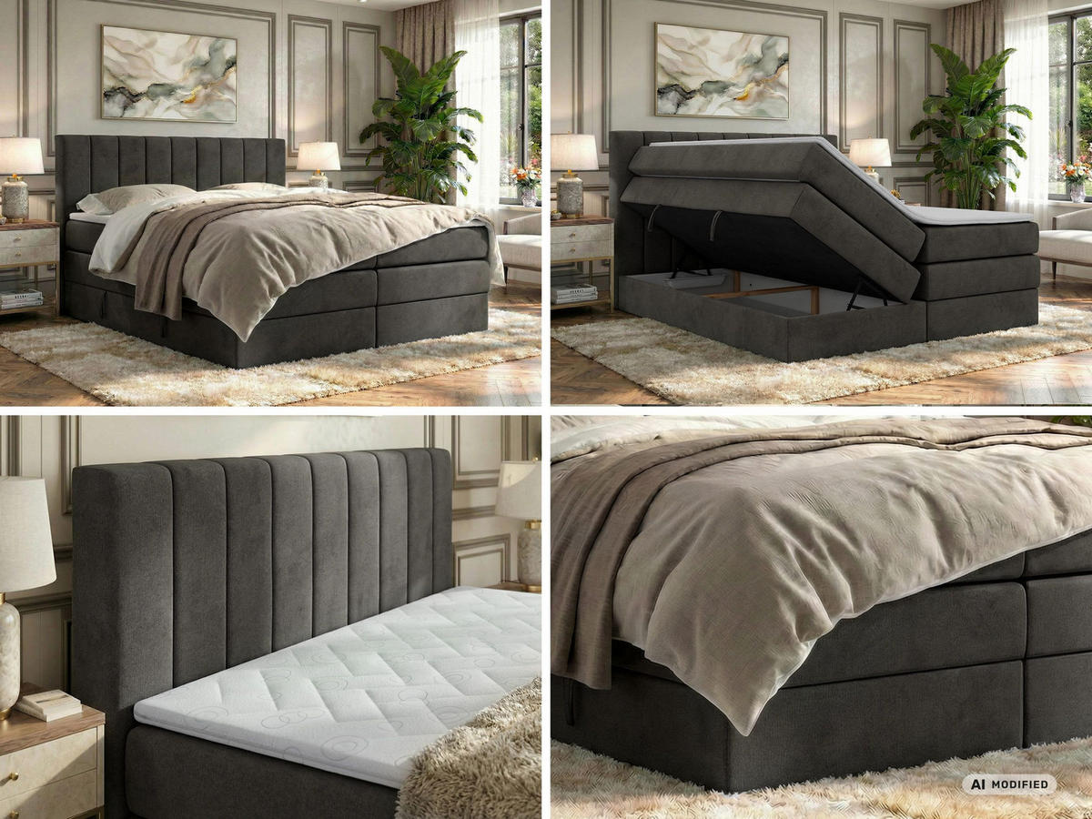 BOXSPRINGBETT ALVER KING 200/200 - Dunkelgrau Velvet - Topper T25 - H3 - Dunkelgrau/Schwarz, Kunststoff/Textil (200/200cm) - MKS