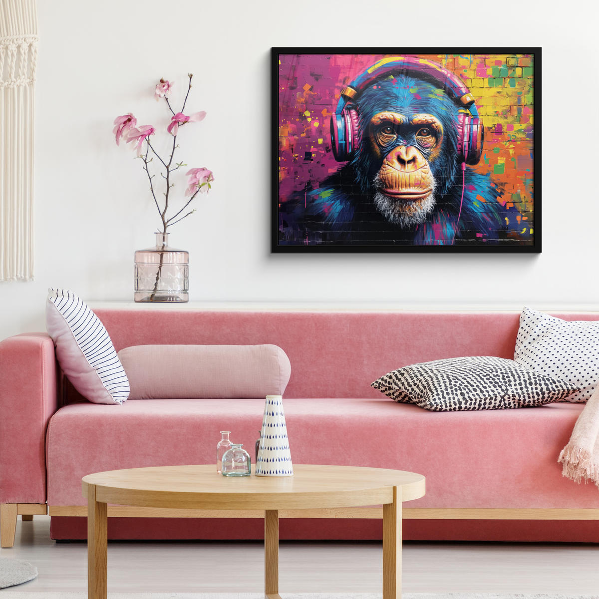 POSTER MIT RAHMEN Graffiti - Schimpanse - Straßenkunst - Kopfhörer - Affe 80x60 cm - Blau, Papier (80/60cm) - MuchoWow