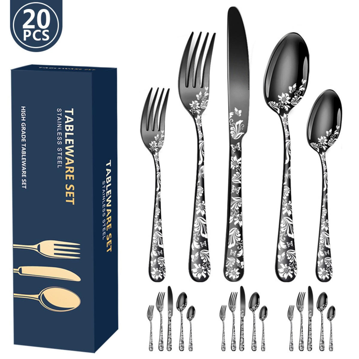 BESTECKSET 20-teilig Edelstahl - Schwarz, Metall - Authentics