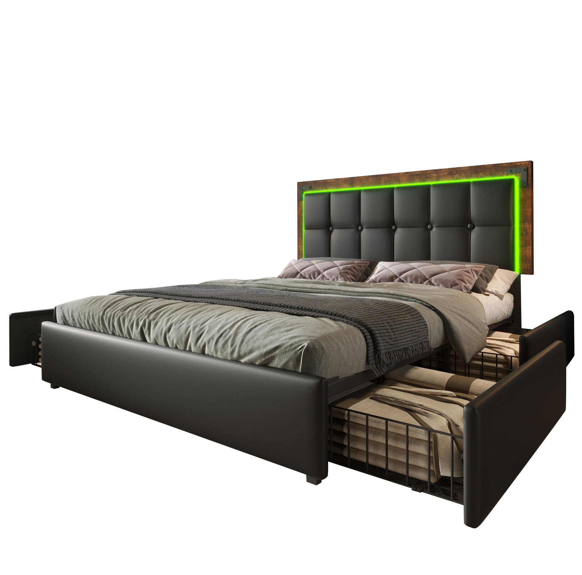 POLSTERBETT mit LED-Beleuchtung 140/200 cm mit Schubladen & verstellbarem Kopfteil - Schwarz, Kunststoff (140/200cm) - BEAOK