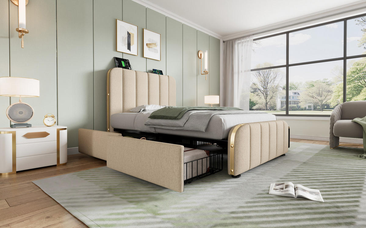POLSTERBETT 90/200 cm Beige aus Leinen mit USB- und Typ-C-Ladefunktion - Beige, Textil (90/200cm) - OKMYHOME