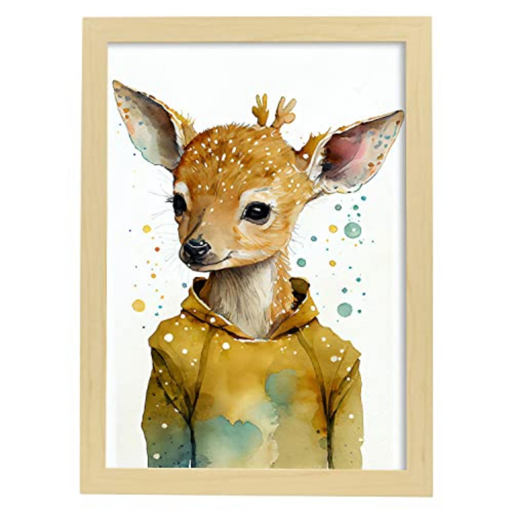 POSTER Kitz Im Aquarellstil. A4 Rahmen Aus Hellem Holz - Beige, Papier (29.7/5/21cm) - Nacnic