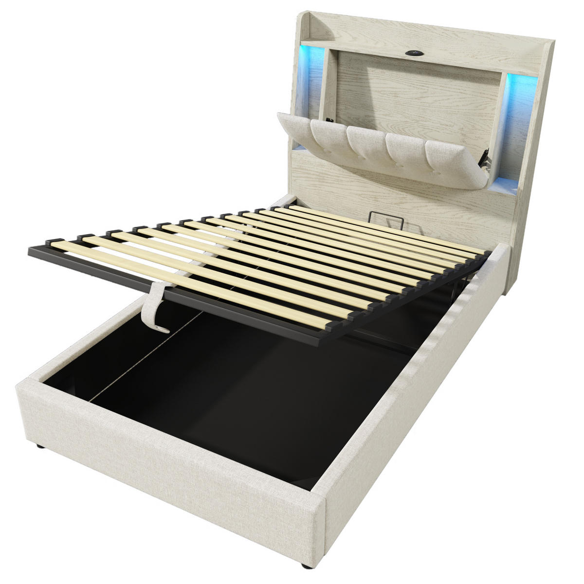 POLSTERBETT 90/200 cm in Beige mit LED-Beleuchtung und USB- und Type-C-Anschlüssen - Beige, Textil (90/200cm) - Flora Grace
