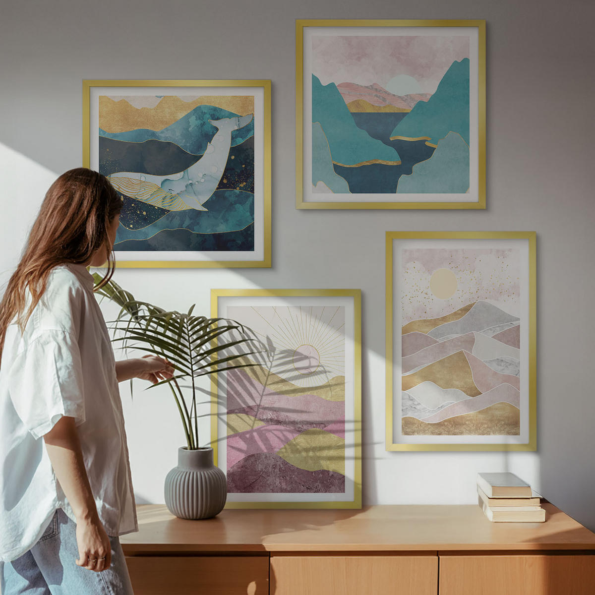 WANDBILDER 4er Set - 50x50 cm & 40x60 cm Goldrahmen - Abstrakte Berge Sonne - Goldfarben, Kunststoff (50/50cm) - ArtPrintCave