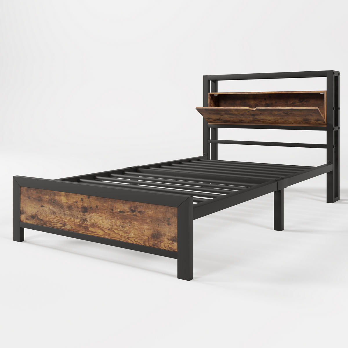 METALLBETT 90/200 cm in Natur & Schwarz mit Regal-Kopfteil und Metall-Lattenrost - Schwarz/Braun, Holzwerkstoff/Metall (90/200cm) - CHICFURN