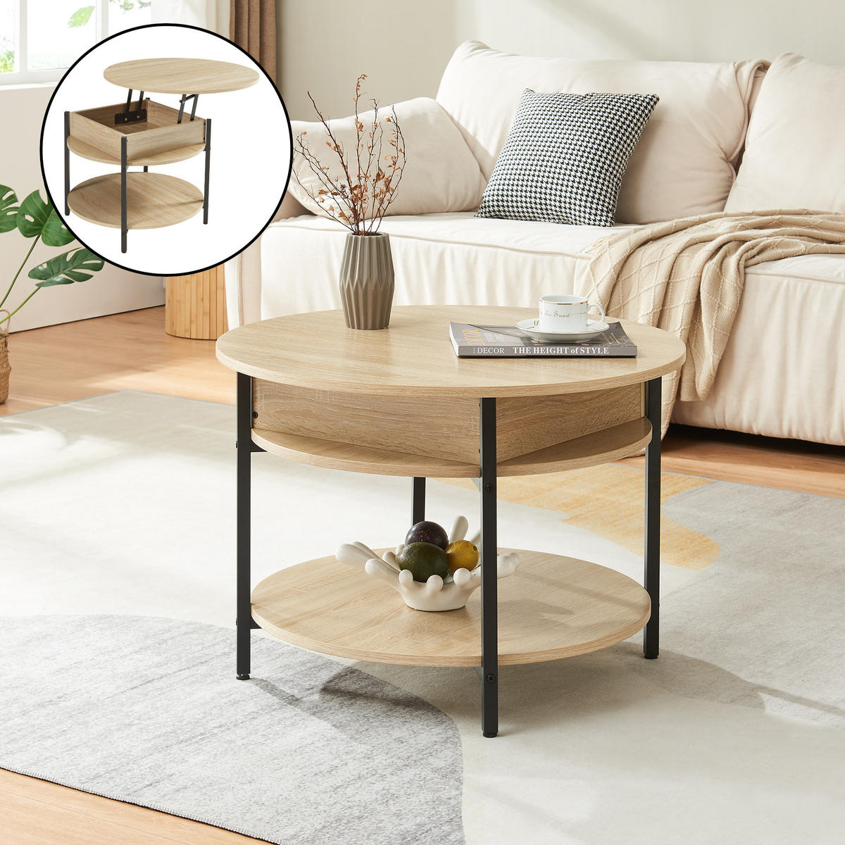 COUCHTISCH Kandas 70/49 cm - Eichefarben/Schwarz, Holzwerkstoff/Metall (70/70/49cm) - [en.casa]