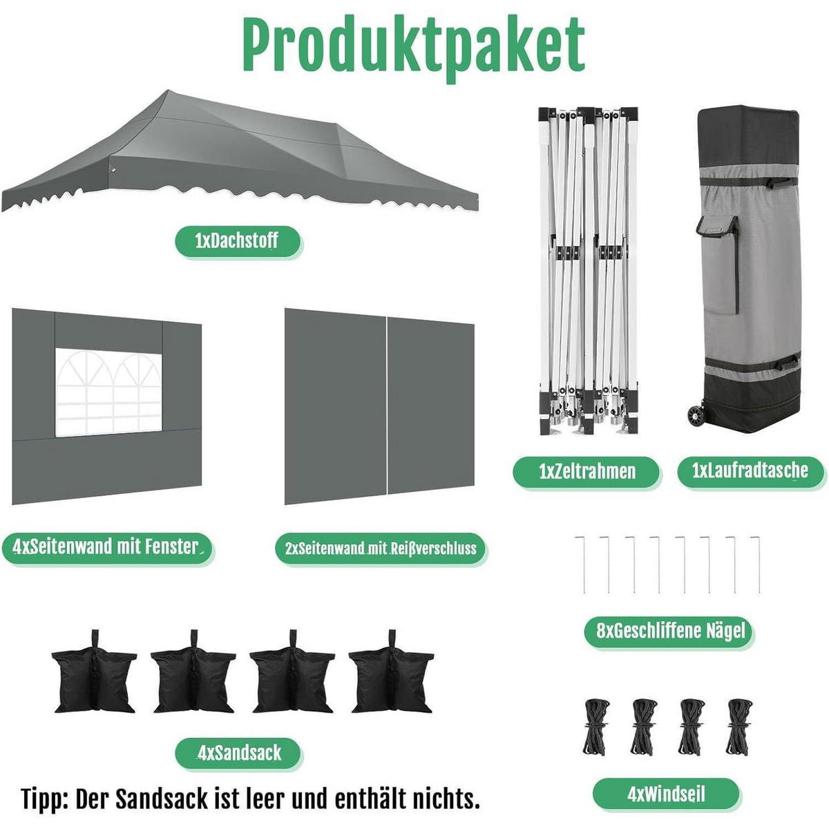 FALTPAVILLON 3x6m Grau Wasserdicht UV Schutz 50+ mit 6 Seitenwänden - Grau, Textil (300/320/600cm)