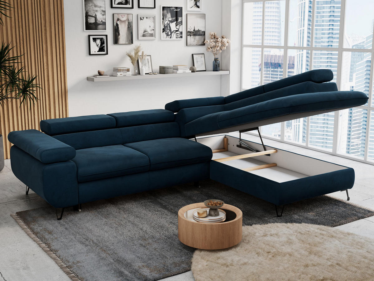 ECKSOFA PETER L Dunkelblau Velvet - Rechts Seite - Schwarz/Dunkelblau, Textil/Metall (273/208cm) - MKS