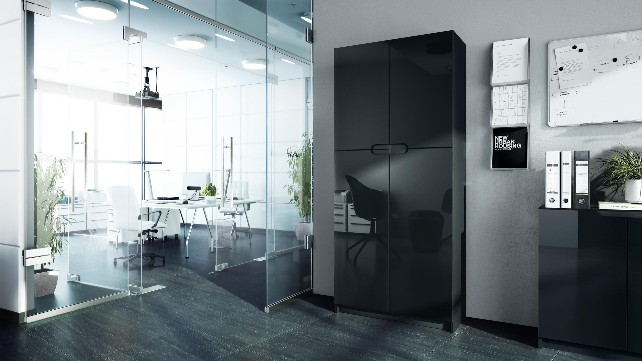 BÜROSCHRANK Logan Fronten in Schwarz Hochglanz - Schwarz Hochglanz, Holzwerkstoff (82/185/37cm) - Vladon