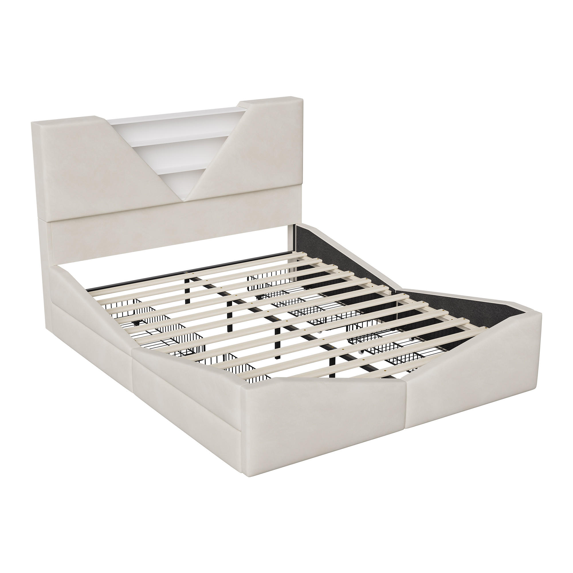 POLSTERBETT 160x200 cm mit Schubladen, Samt Kopfteil, Doppelbett - Beige, Holz/Metall (160/200cm) - PARAFTA HOME