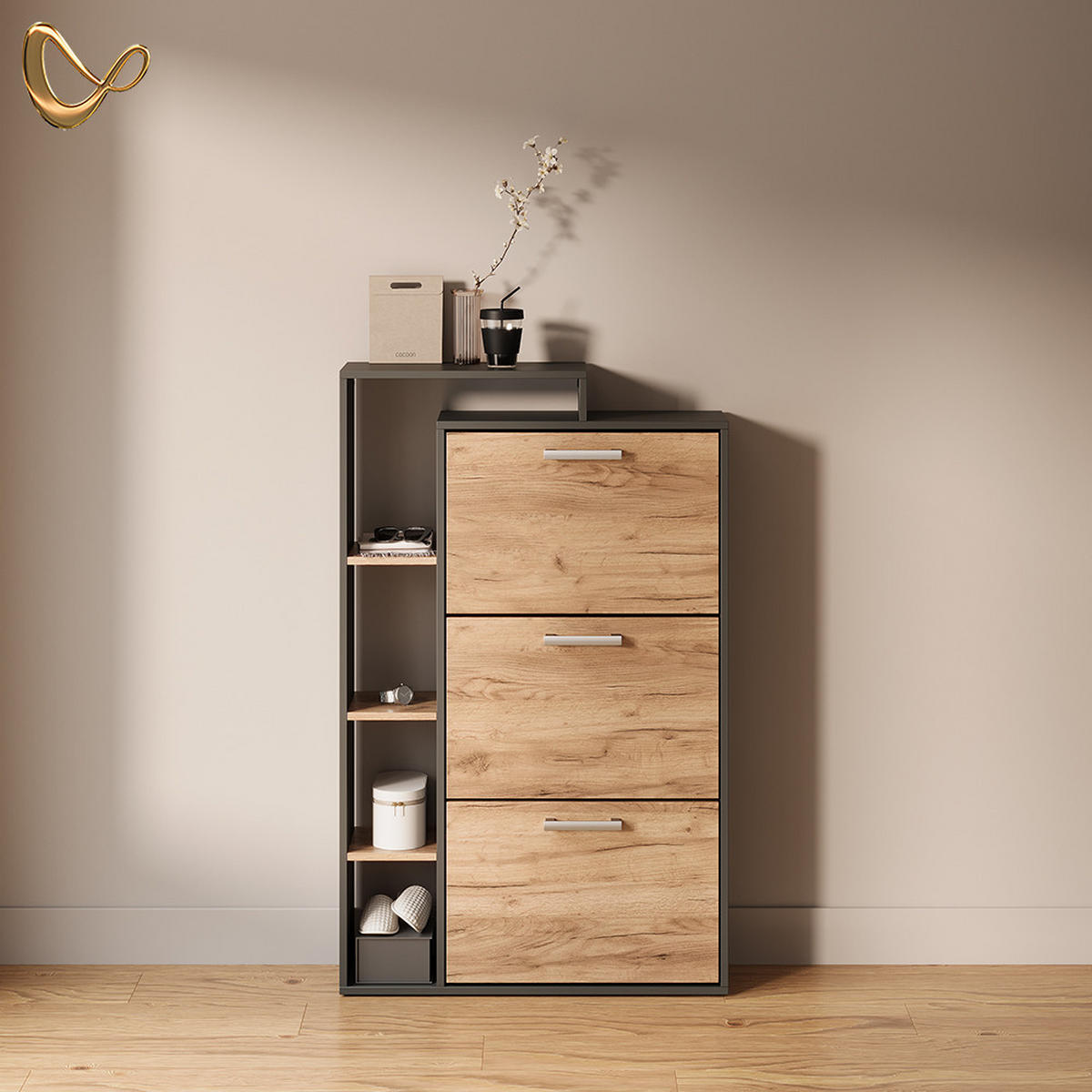 SCHUHKIPPER Ortello Goldkraft Eiche/Anthrazit 80 x 128.3 cm mit 3 Fächern - Honigeiche/Anthrazit, Holzwerkstoff (80/128.3/24.2cm) - Livinity®