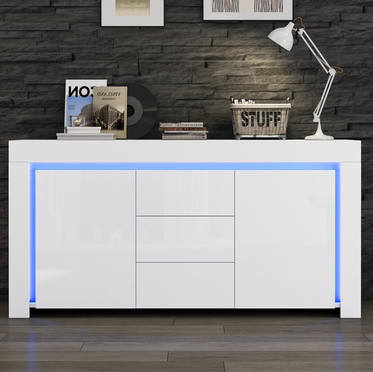 SIDEBOARD 140/40/65 cm mit LED-Beleuchtung, 2 Türen, 3 Schubladen und Hochglanzfront aus MDF, Weiß - Weiß, Holzwerkstoff (140/65/40cm) - Redom