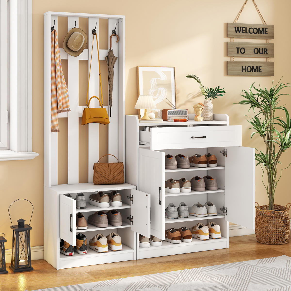 DIELENGARDEROBE 140/32/180 cm mit 4 Haken, Schuhschrank und Sitzbank in Weiß - Weiß, Holzwerkstoff (140.6/180/30.5cm) - BEAOK