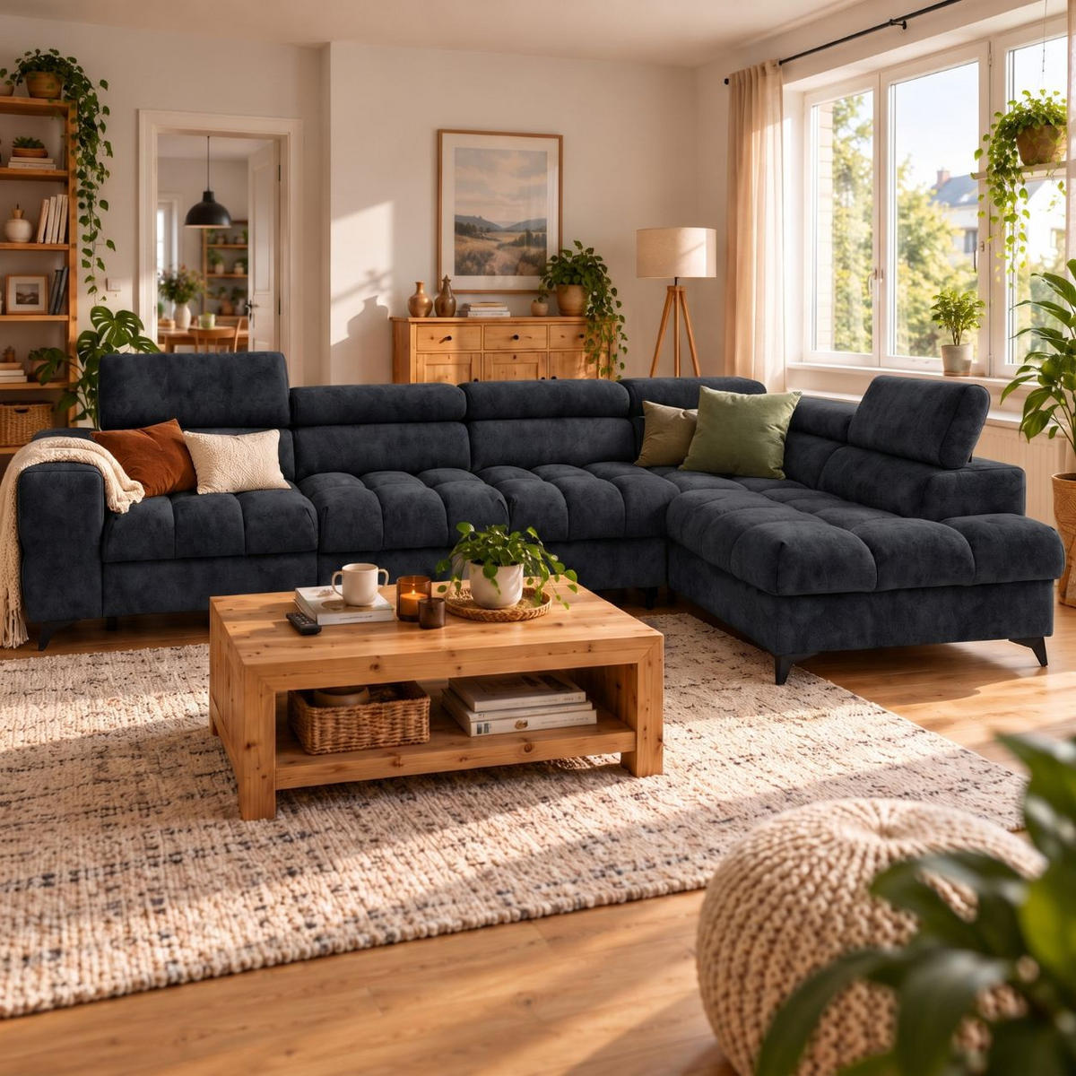 ECKSOFA PUDDING MAXI L Rechts mit Schlaffunktion 125x195 Velours Schwarz - Schwarz, Holz/Textil (203/350cm) - Muffo