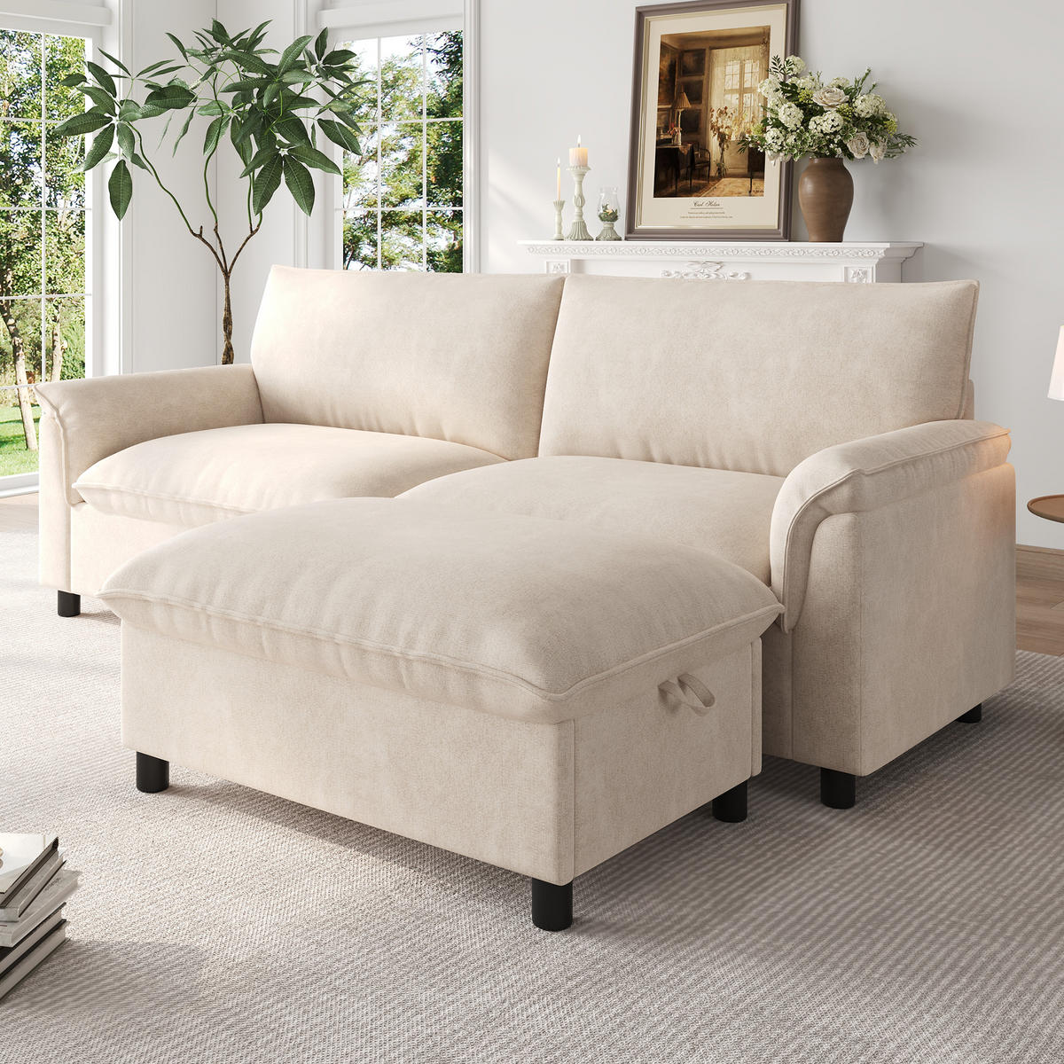 SOFA Beige U-Form Cloud Modular Deep Seat 216cm Hocker - Beige, Textil (77/82/216cm) - FLIEKS