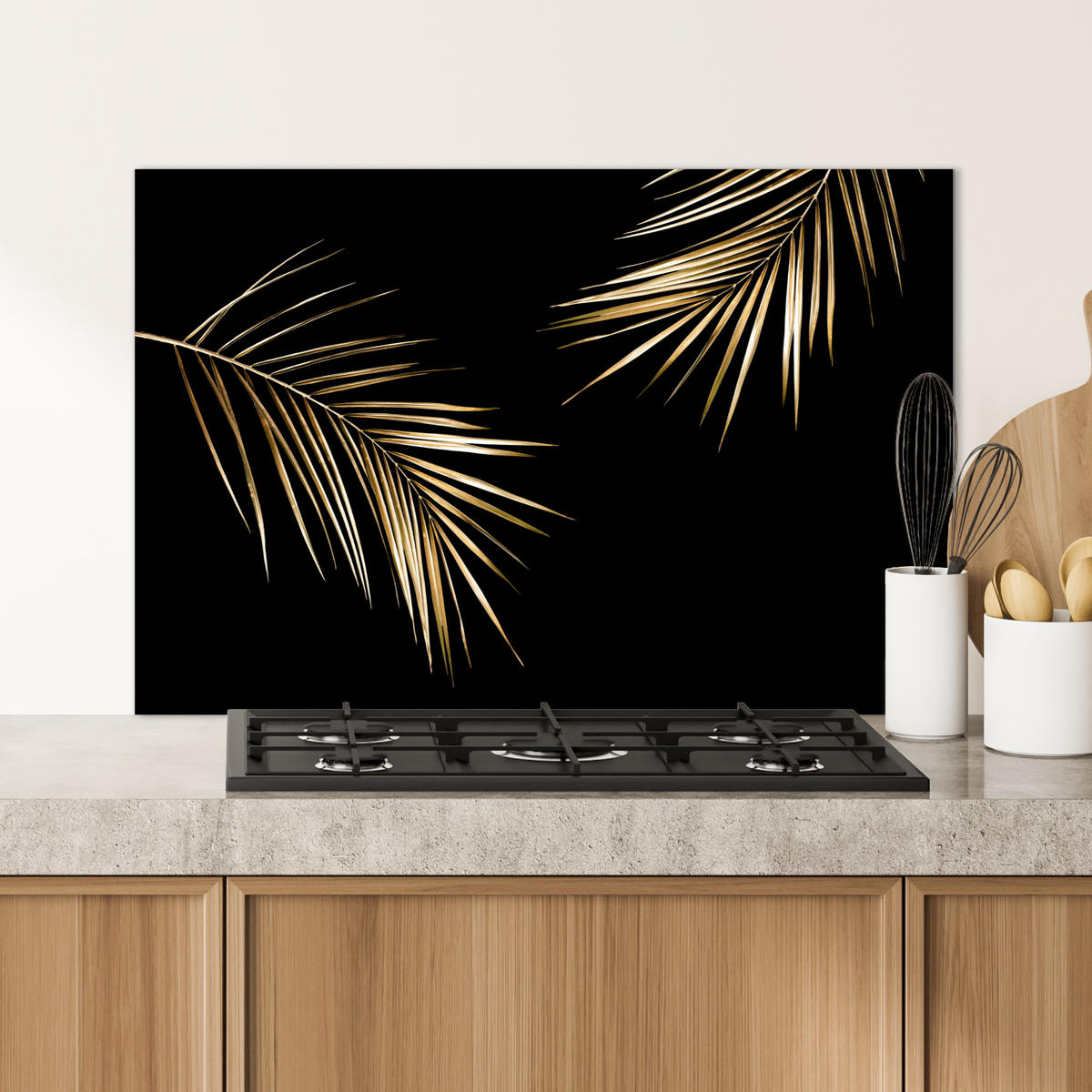 SPRITZSCHUTZ KÜCHE Blätter - Pflanzen - Gold - Schwarz - Luxus 90x60 cm - Goldfarben, Metall (90/0.3/60cm) - MuchoWow