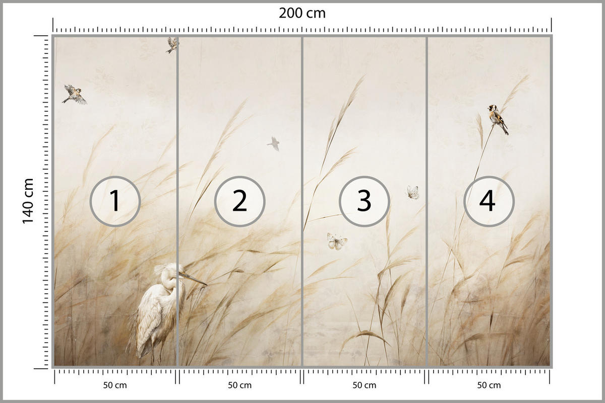 FOTOTAPETE für Schlafzimmer Vögel Storch Hohe Gräser Aquarell 200x140 - Beige/Gelb, Papier (200/140cm) - Muralo