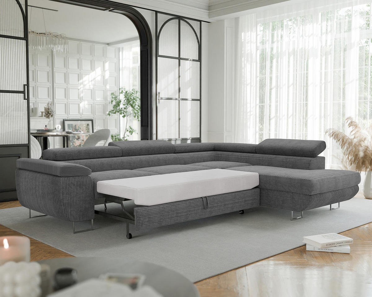 ECKSOFA ANTON mit Schlaffunktion und Bettkasten Grau - Grau, Holzwerkstoff/Kunststoff (274/203cm) - Idohome