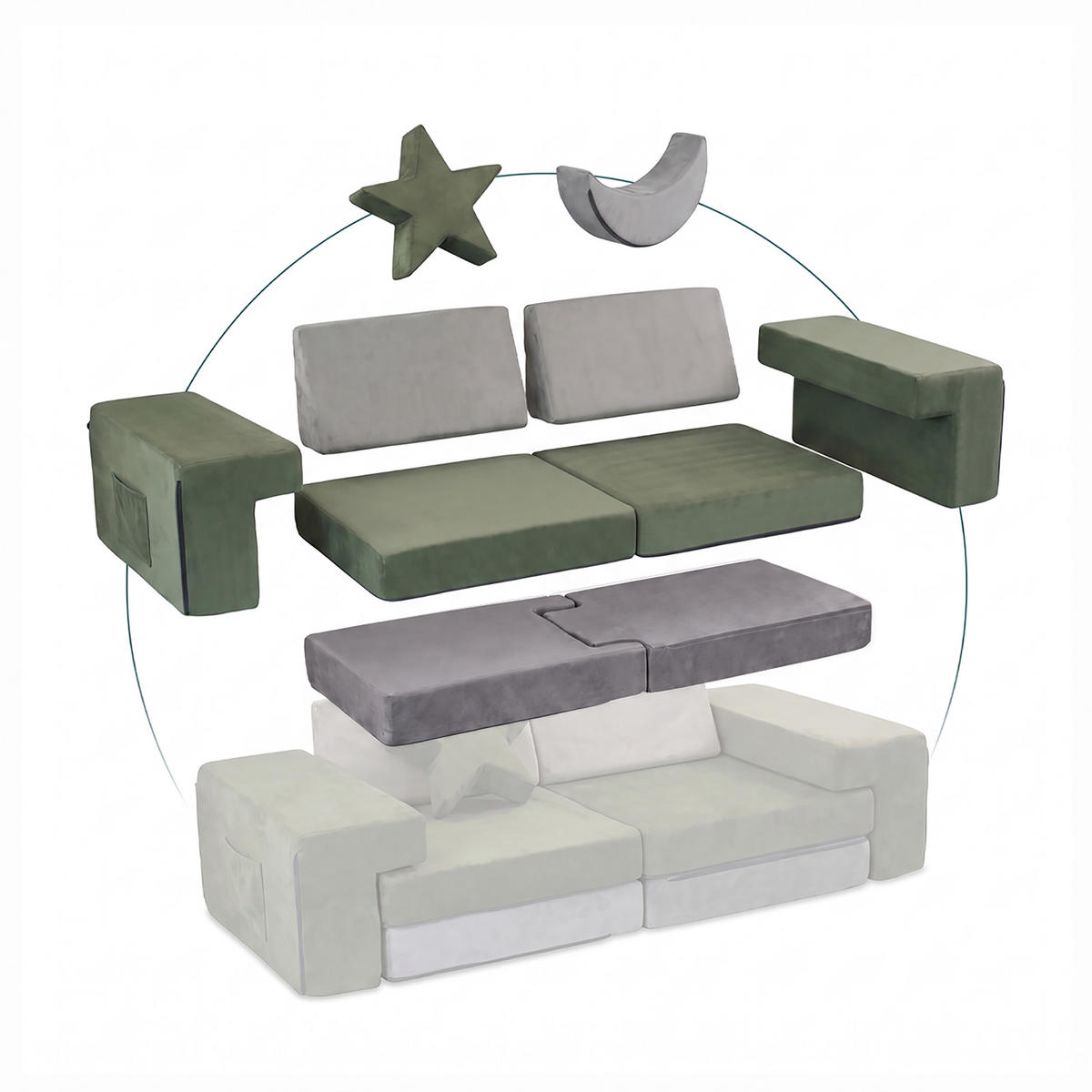 SPIELSOFA Grün Kinder modular 10-tlg. - Multicolor, Kunststoff/Textil (140/45/65cm) - Relaxdays