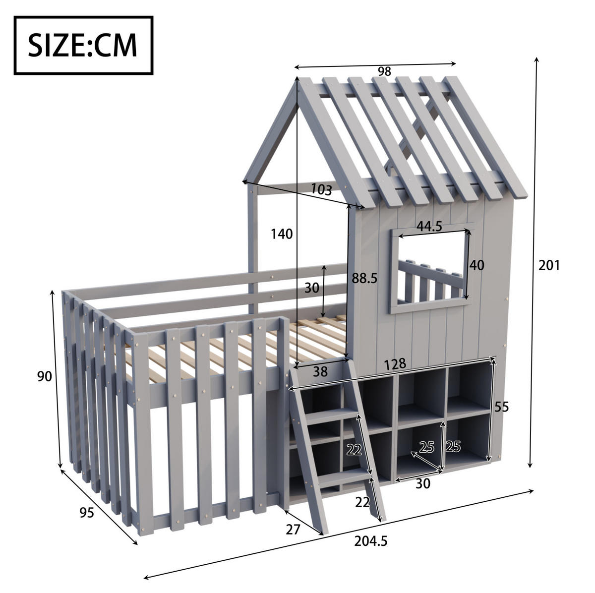 DETSKÁ posteľ domček 90/200 cm sivá z masívneho dreva s úložným priestorom - sivá, drevo (90/200cm) - BEAOK