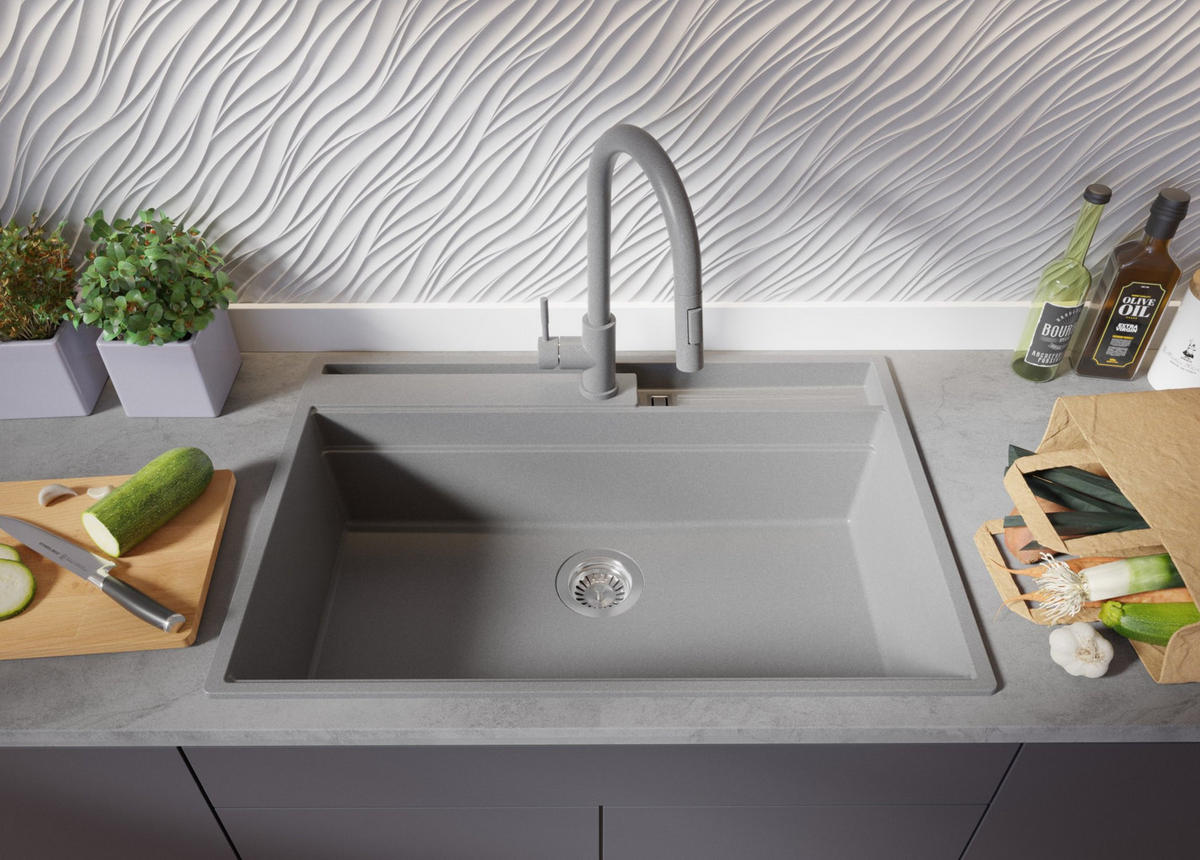 SPÜLBECKEN Oslo Pocket, 2-er set Grau 78/53 cm 1 Becken + Ablauf-Set + Küchenzubehörset ab 80er Unterschrank - Chromfarben/Beige, Kunststoff (78/20/53cm) - Primagran