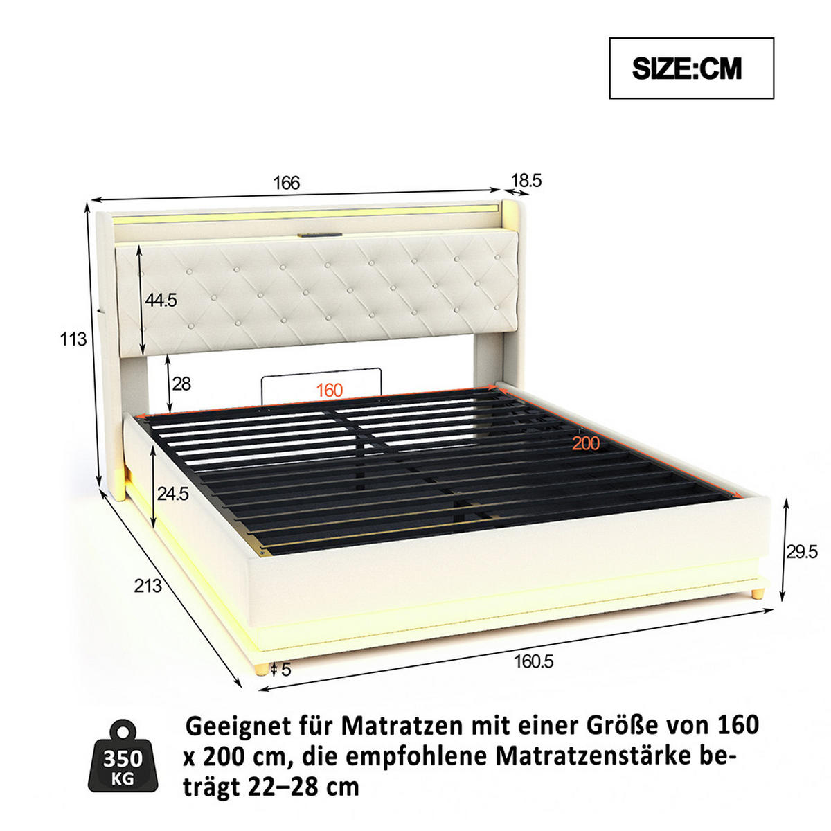POLSTERBETT 160x200cm, mit USB-Ladeanschluss, Leinen , Beige - Beige, Textil/Metall (160/200cm) - KOMHTOM