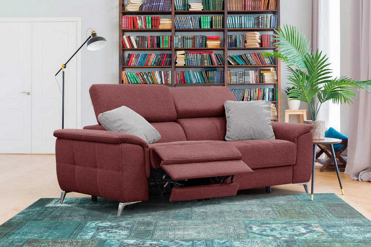 SOFA PLAUEN 3-Sitzer mit 2 Relaxfunktionen, bordeaux - Bordeaux/Silberfarben, Holzwerkstoff/Textil (214/83/105cm) - Courtois Laville