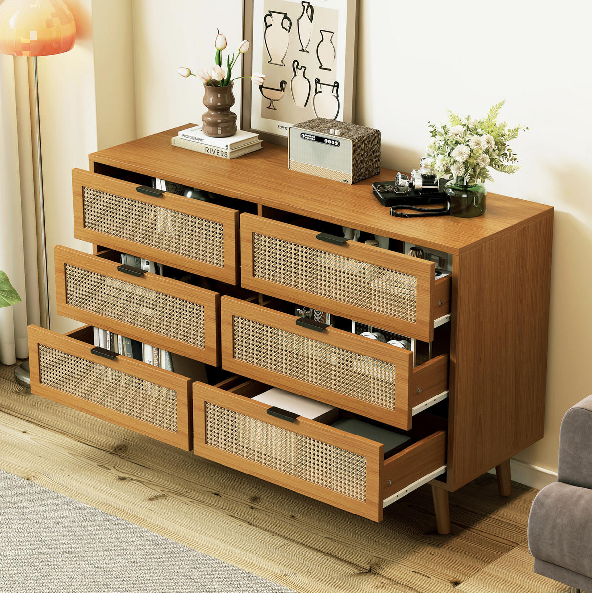 SIDEBOARD 120/76,5/40 cm Walnuss aus Spanplatte mit 6 Schubladen - Naturfarben, Holzwerkstoff (40/76.5/120cm) - OKMYHOME
