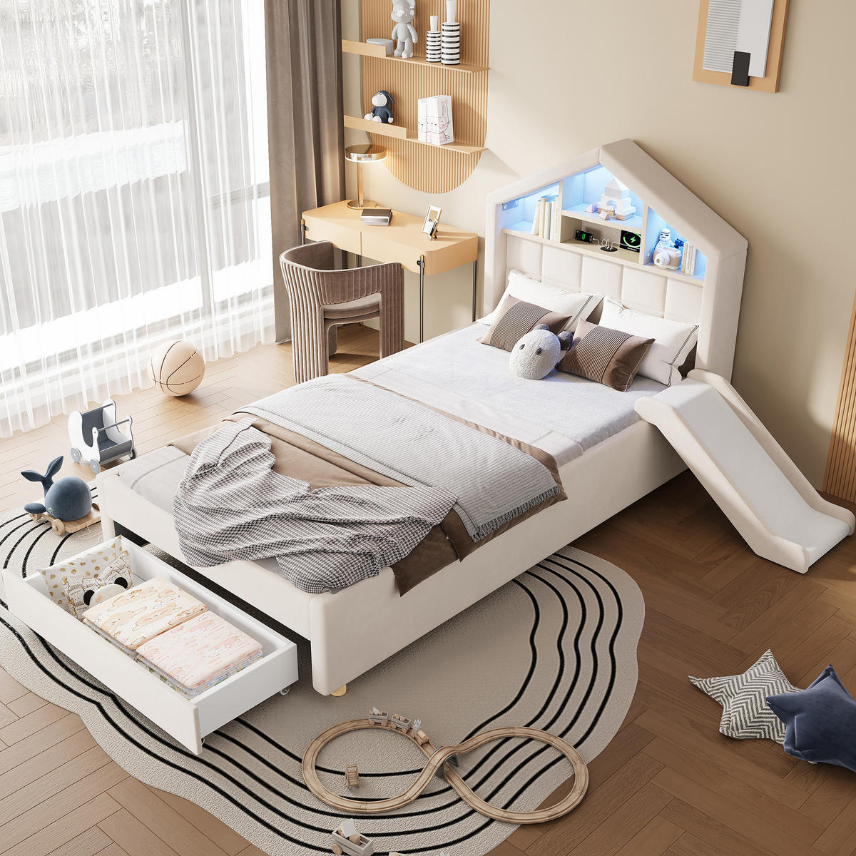 SPIELBETT 90/200 cm mit Rutsche und LED, DE-41740, in Beige - Beige, Holzwerkstoff (90/200cm) - ComfortXL