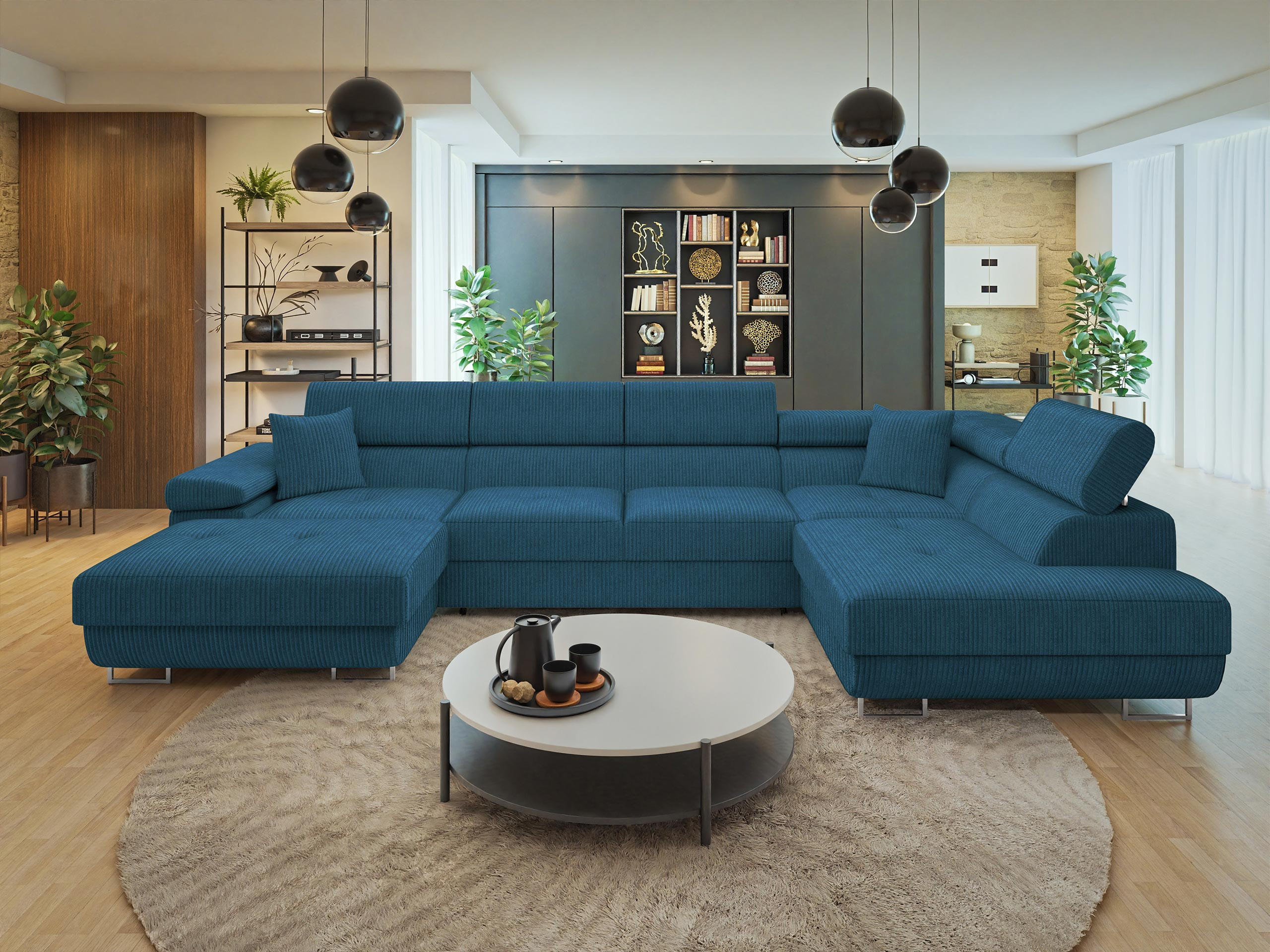 WOHNLANDSCHAFT Torezio Bis Cord, Seite: Rechts - Blau, Holz/Textil (346/90/203cm) - MIRJAN24