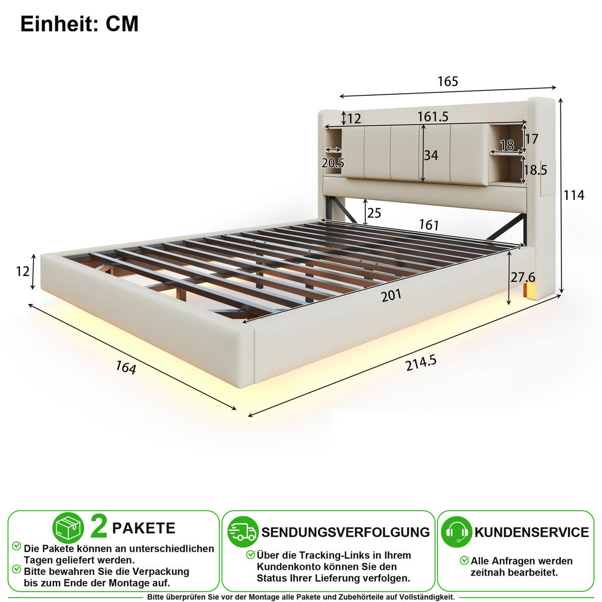 POLSTERBETT 160/200 cm in Beige Leinenstoff mit LED, USB und Regal - Beige, Holzwerkstoff/Textil (160/200cm) - CHICFURN