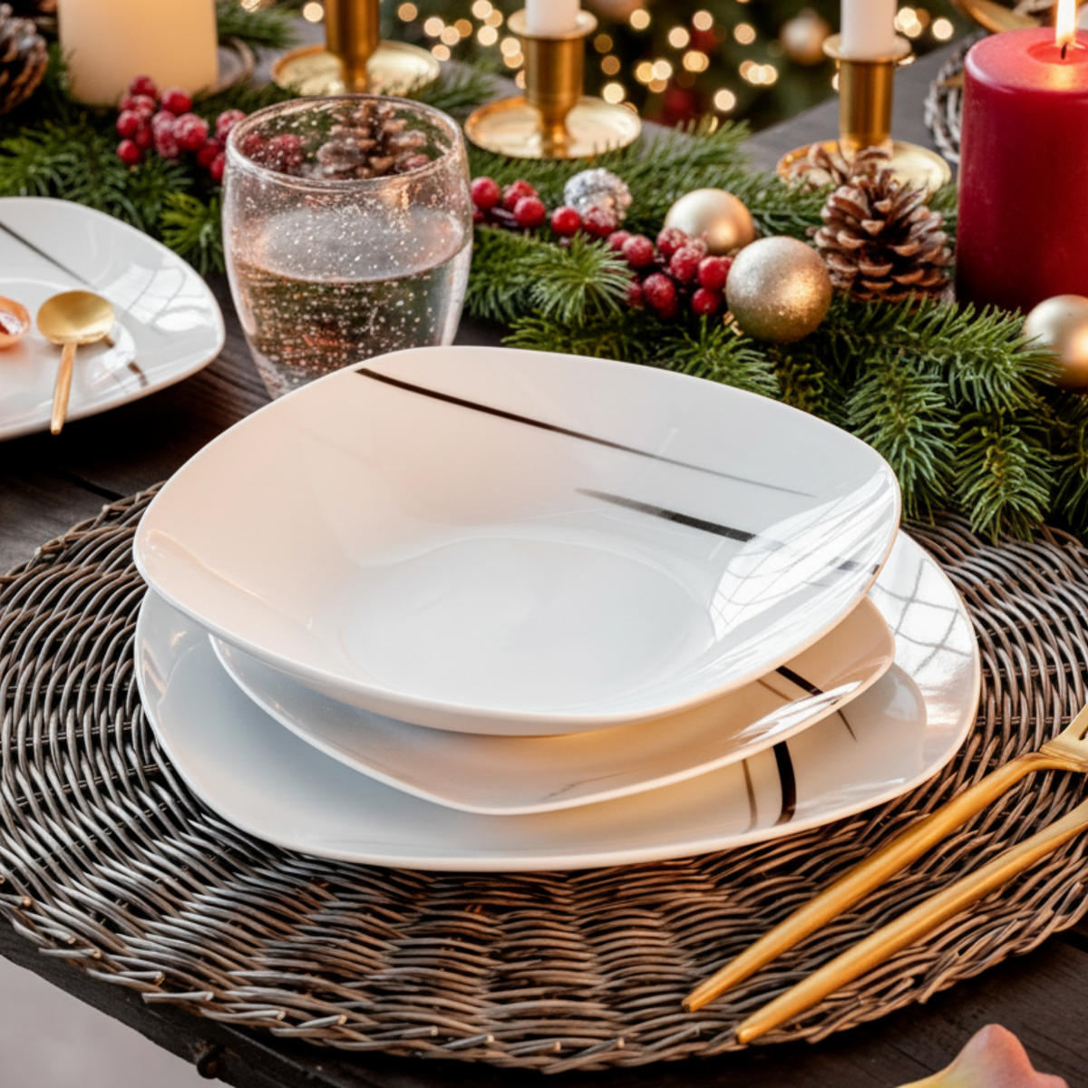 TAFELSERVICE BILGOLA BLACK LINES - 18 teilig aus Porzellan - Weiß, Keramik (29.5/29.5/30.5cm) - Sänger