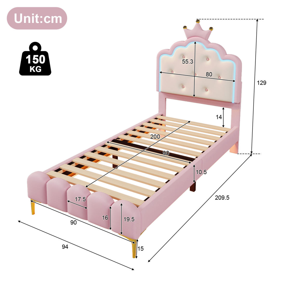 POLSTERBETT 90/200 cm Rosa aus PU mit Lattenrost und LED-Beleuchtung - Rosa, Kunststoff (90/200cm) - OKMYHOME