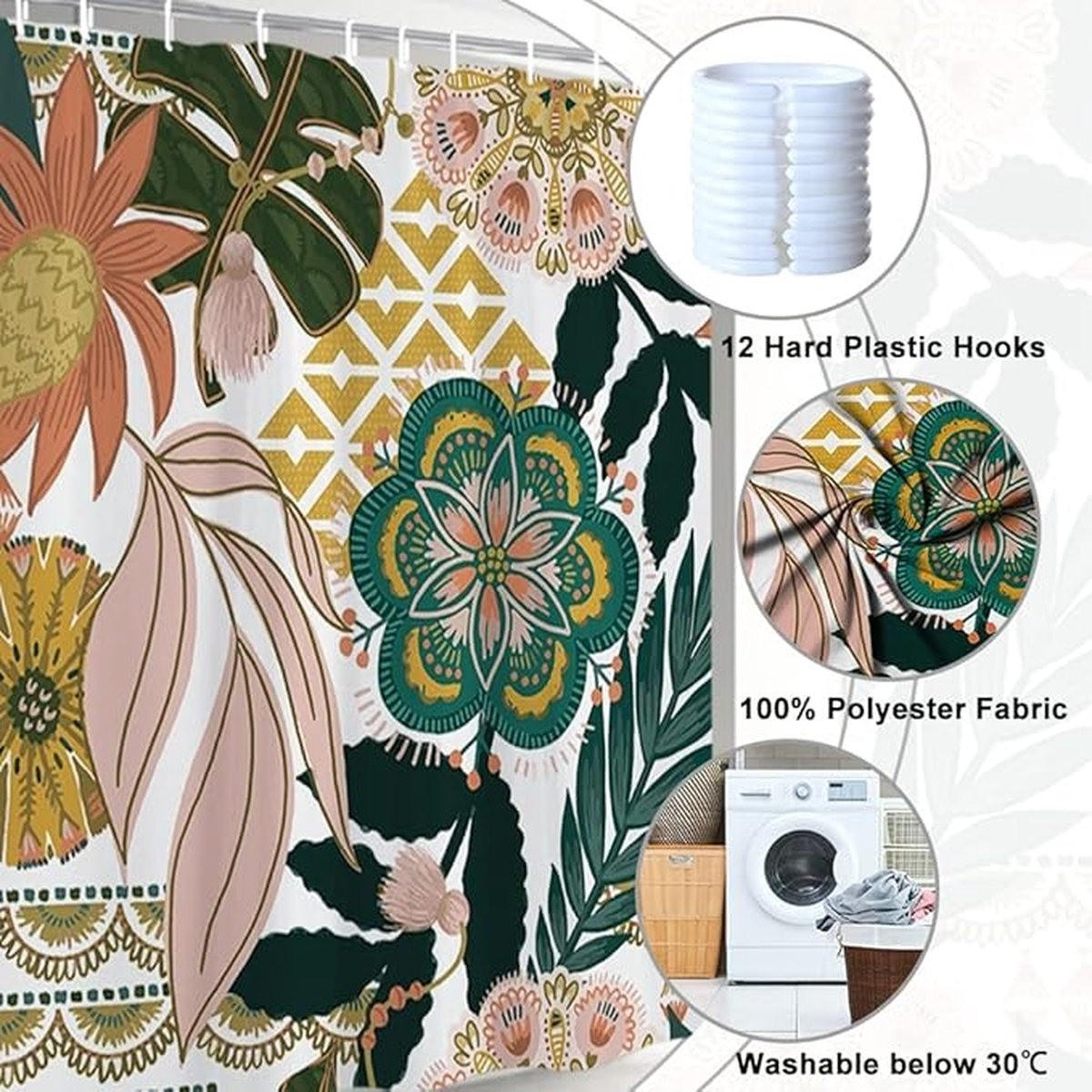 DUSCHVORHANG Bunt Bohemian Blumen Blätter Polyester 180 x 180 cm Haken - Multicolor, Textil (180/180cm) - MCBOSON