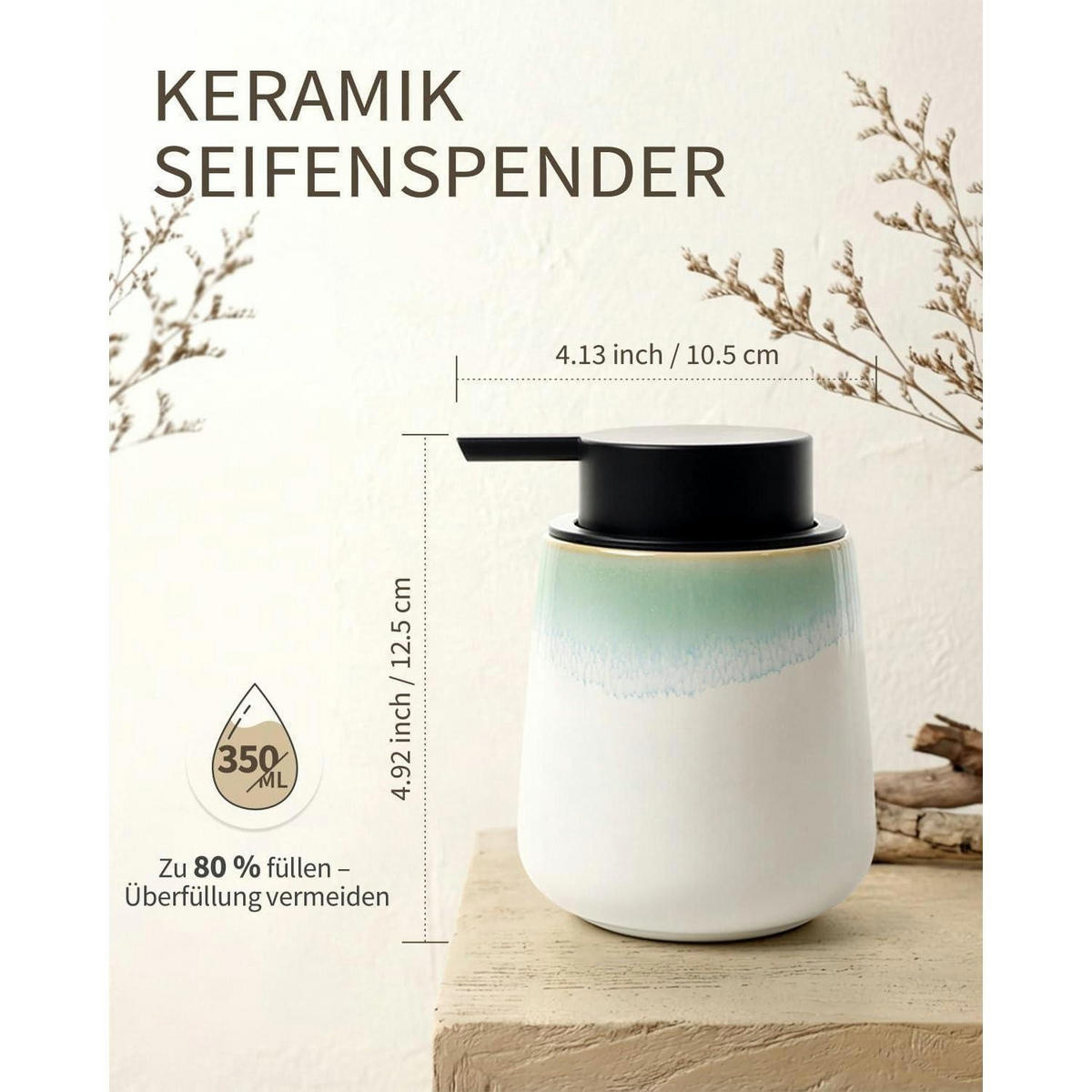 SCHAUMSEIFENSPENDER Keramik Weiß / Grüner Rand 350 ml - Grün, Keramik (9/12/9cm)