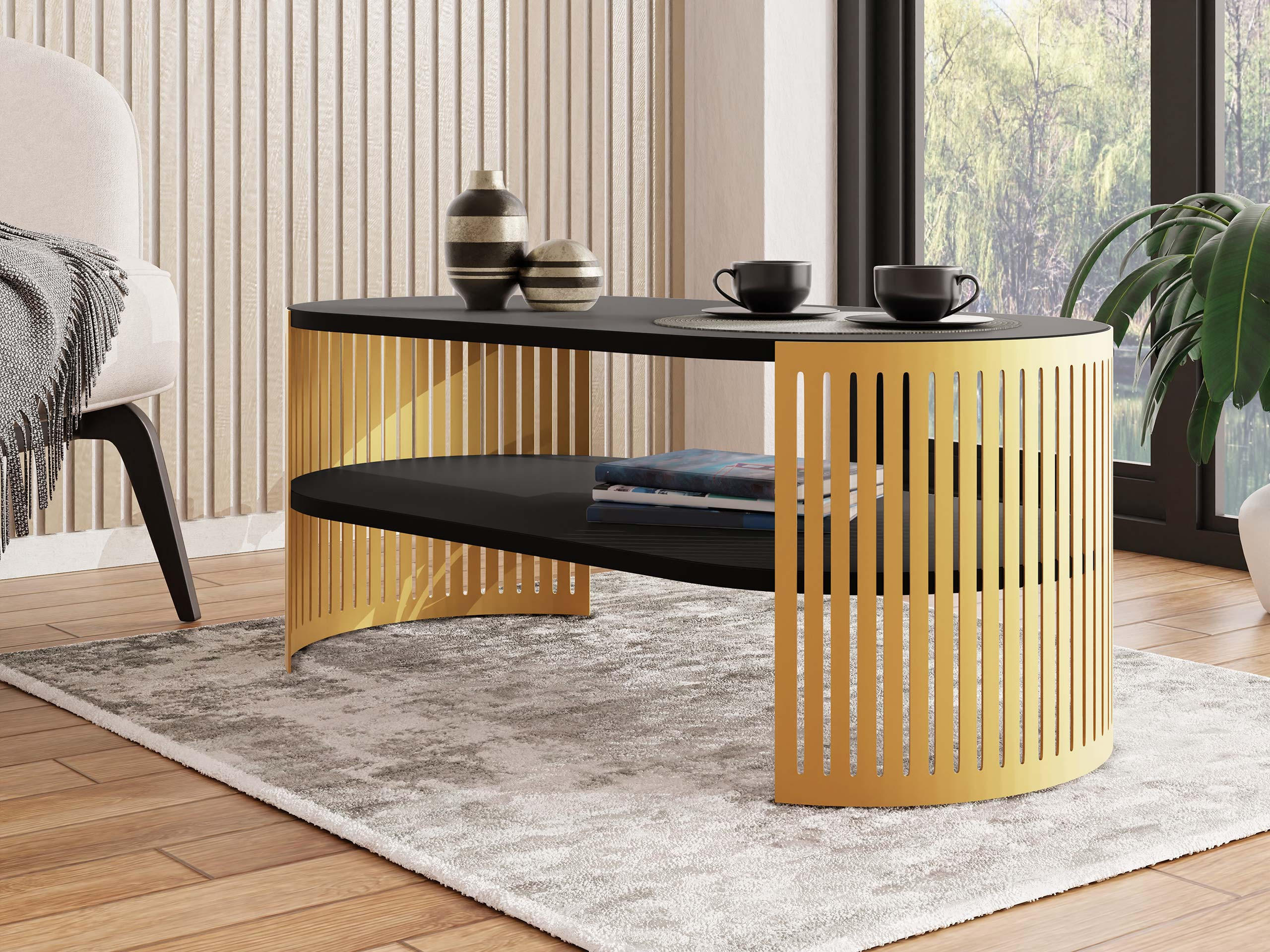 COUCHSITCH Fikoli Oval Gold I - Goldfarben/Schwarz, Holzwerkstoff/Metall (100/50/40cm) - MIRJAN24