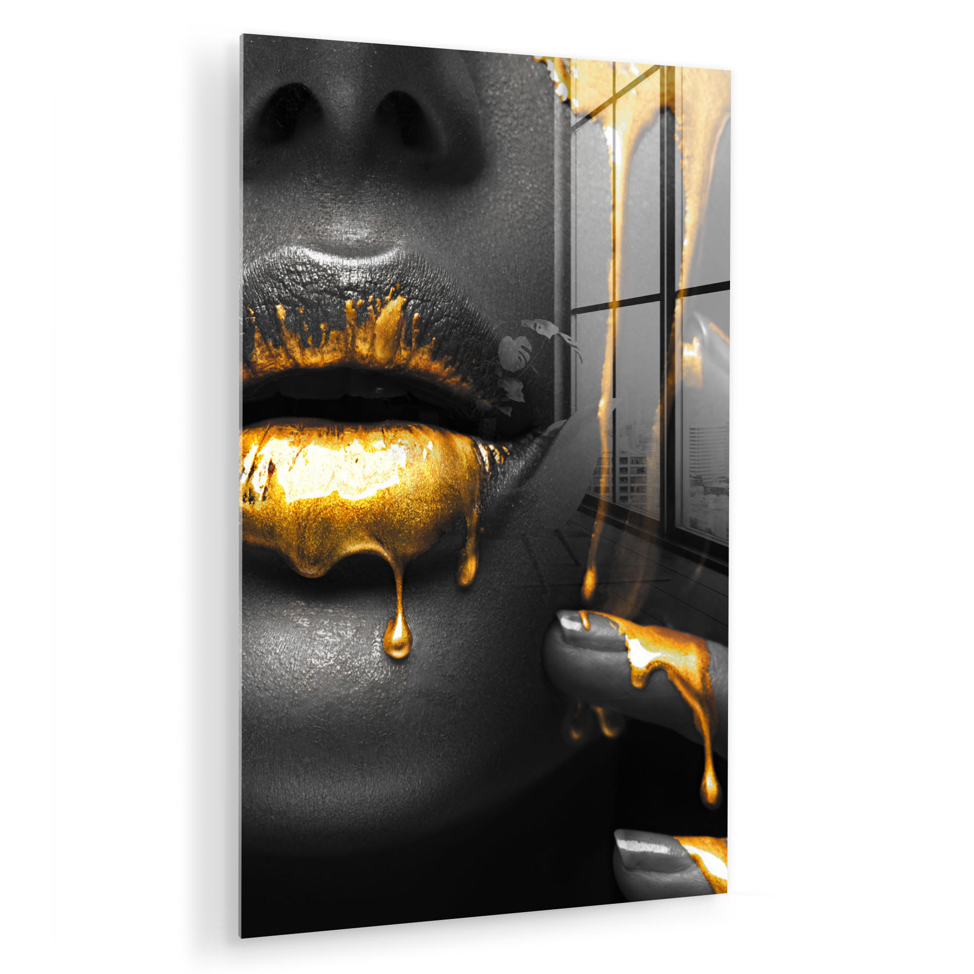 ACRYLGLASBILD Frau - Schwarz - Gold - Gesicht - Lippen 40x60 cm - Goldfarben, Glas (40/60cm) - MuchoWow