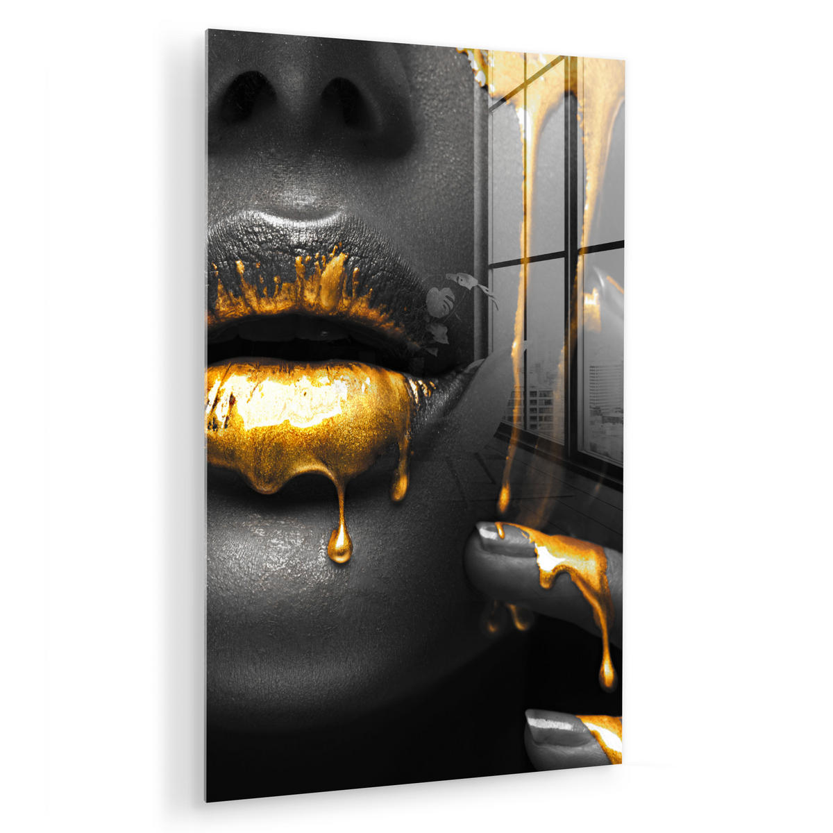 ACRYLGLASBILD Frau - Schwarz - Gold - Gesicht - Lippen 60x90 cm - Goldfarben, Glas (60/90cm) - MuchoWow