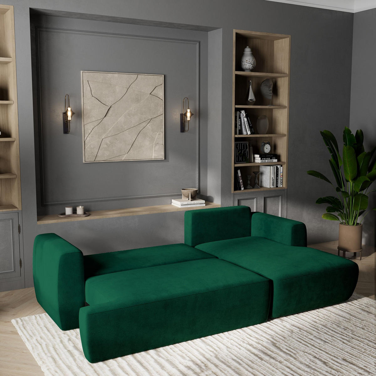 ECKSOFA SENTI K R-S Grün Plüsch-Stoff mit Schlaffunktion - Grün, Holz (246/148cm) - MASSENO