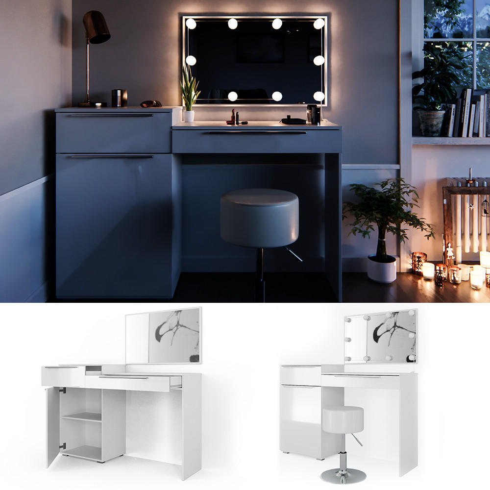 SCHMINKTISCH Lilli Weiß 135 cm mit LED Beleuchtung und Hocker - Weiß, Holzwerkstoff (135/90/39cm) - Vicco